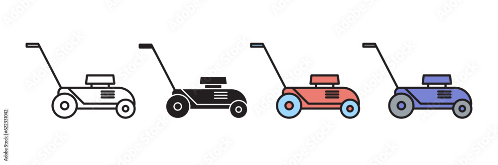 Lawnmower icon vector set in line style. simple lawn grass cutter mowing machine web symbol. yard gardening mower thin line icons in filled and outline style with black and colored versions.
