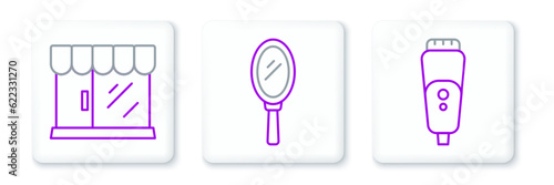 Set line Electric razor blade, Barbershop building and Hand mirror icon. Vector
