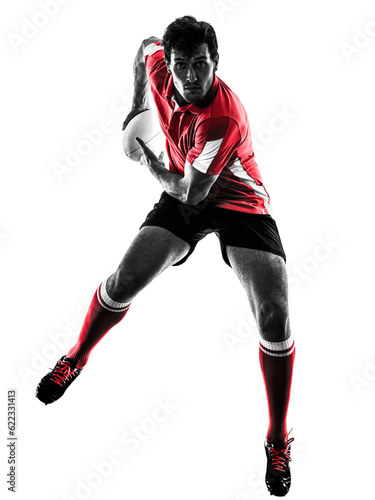 one caucasian rugby man player silhouette isolated on white background