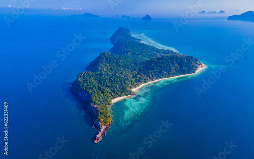 drone view at the beach of Koh Kradan island in Thailand, aerial view over Koh Kradan Island Trang