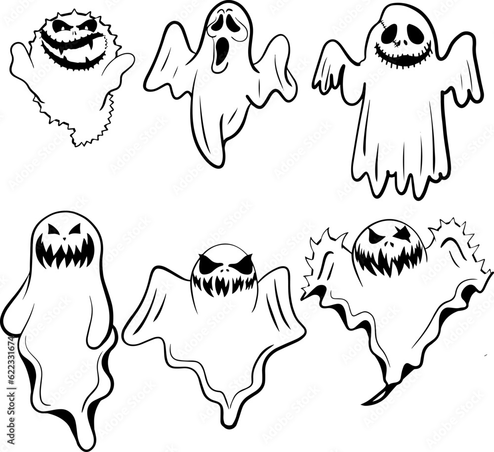 Halloween ghosts, Ghostly monster with Boo scary face, Spooky ghost flat vector icon set Halloween ghosts, Ghostly monster with Boo scary face, Spooky ghost flat vector icon set