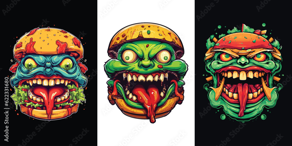A hamburger with a scary face and another monster trait with a vector illustration