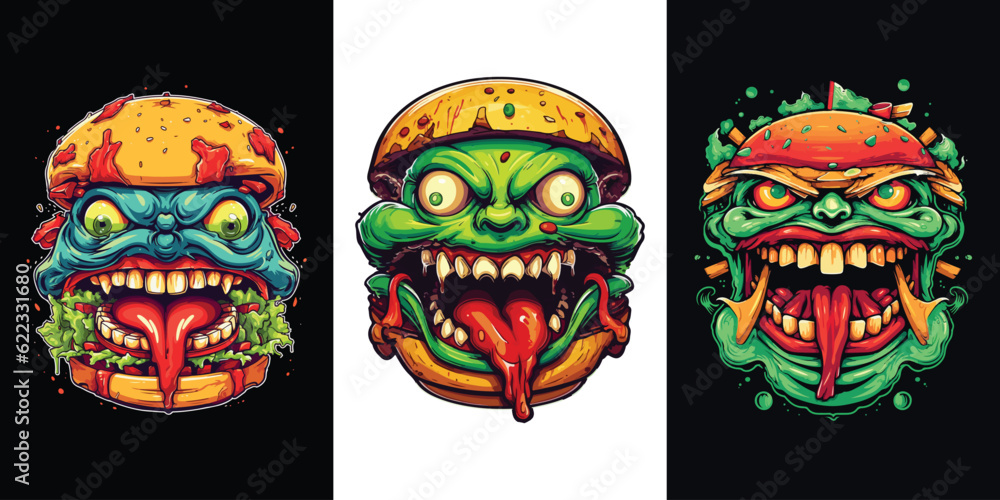 Obraz premium A hamburger with a scary face and another monster trait with a vector illustration