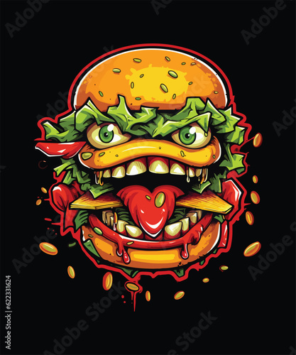A hamburger with a scary face and another monster trait with a vector illustration