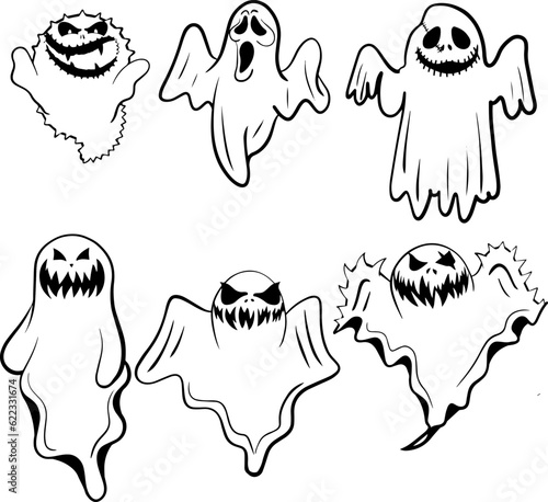 Halloween ghosts, Ghostly monster with Boo scary face, Spooky ghost flat vector icon set