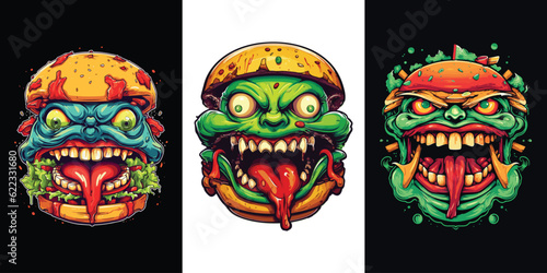 A hamburger with a scary face and another monster trait with a vector illustration