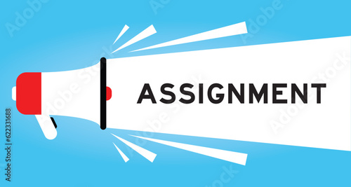 Color megaphone icon with word assignment in white banner on blue background