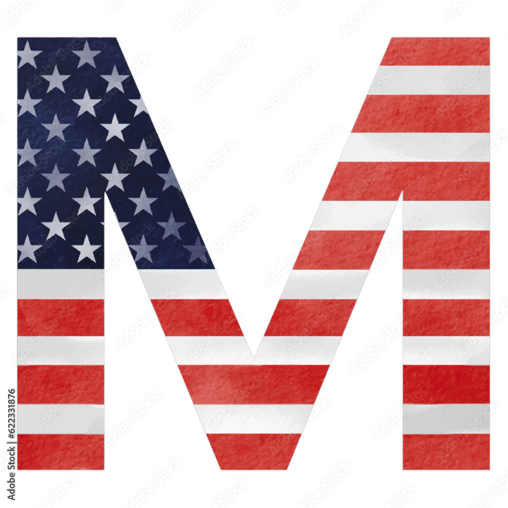 Letter M hand painted USA alphabet text with United state of America flag inside watercolor brush paint isolate on white background. Vector illustration Letter M hand painted USA alphabet text with United state of America flag inside watercolor brush paint isolate on white background. Vector illustration