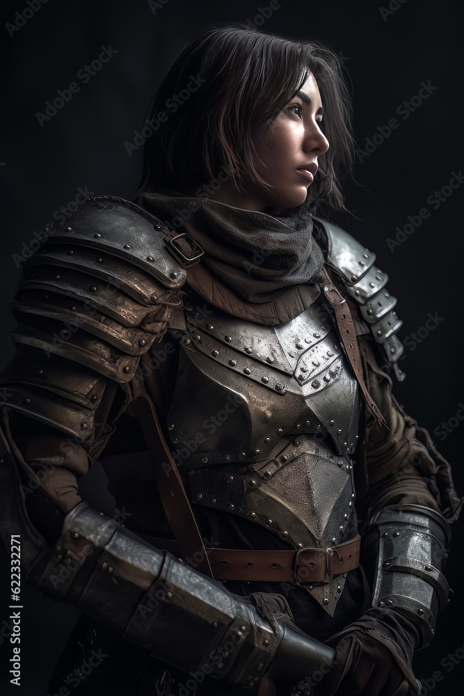 Female warrior dressed in dark ancient armor AI