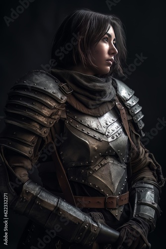 Female warrior dressed in dark ancient armor AI