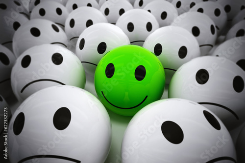 3D Rendering green ball with smiley face among so many white sad balls. happy leader supports his negative team