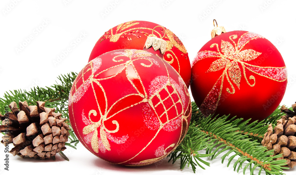 Christmas decoration balls with fir cones and fir branches isolated on a white background Christmas decoration balls with fir cones and fir branches isolated on a white background