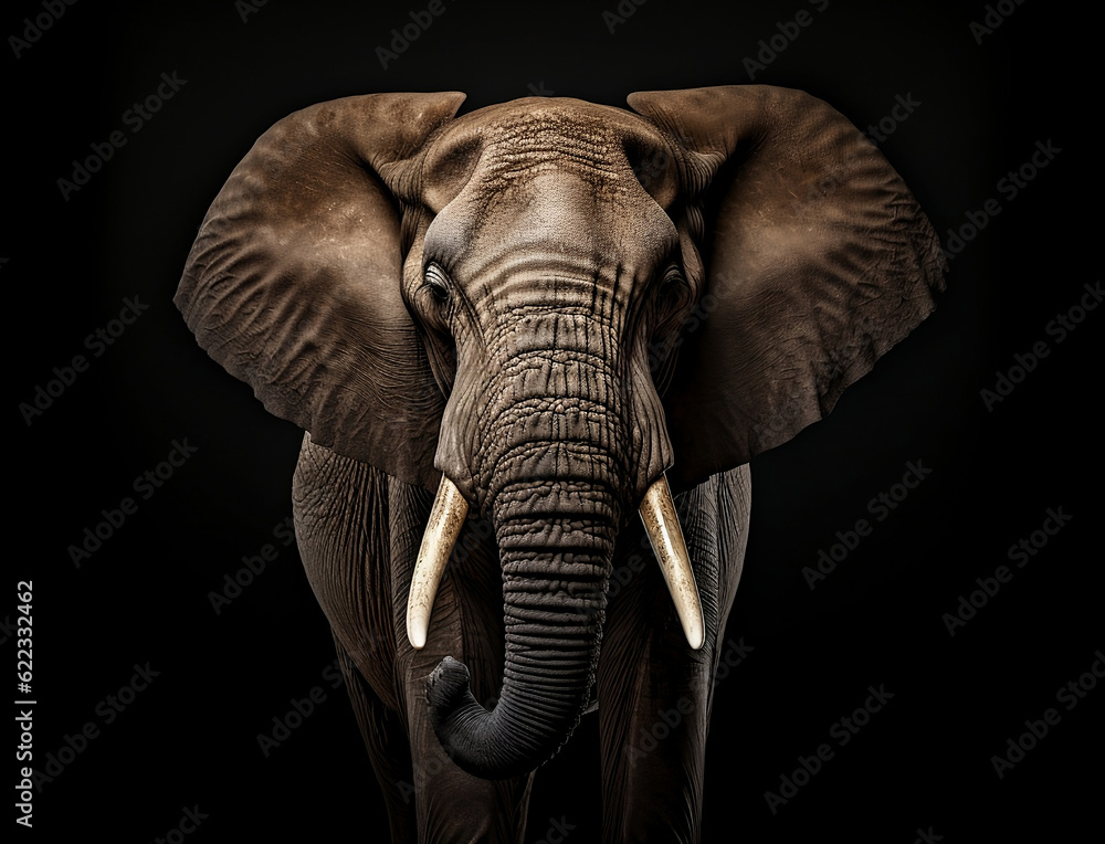 Portrait eines Elefanten / Elefant vor schwarzem Hintergrund erstellt mit generativer KI