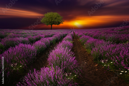 stunning lavender field dark moody sky and lone tree