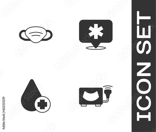 Set Ultrasound, Medical protective mask, Donate drop blood and Location hospital icon. Vector