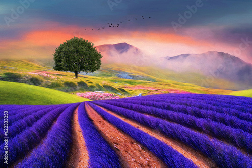 beautiful fine art colourful fantasty lavender field meadow,mountains and lone tree