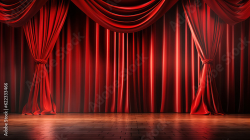 Glamorous Performance Setting: Closed Red Satin Curtain, Maroon Stage, Spotlight, 3D Background