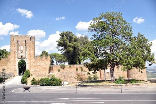 a big tree next to the old city entrance and the city walls of Orvieto in Italy