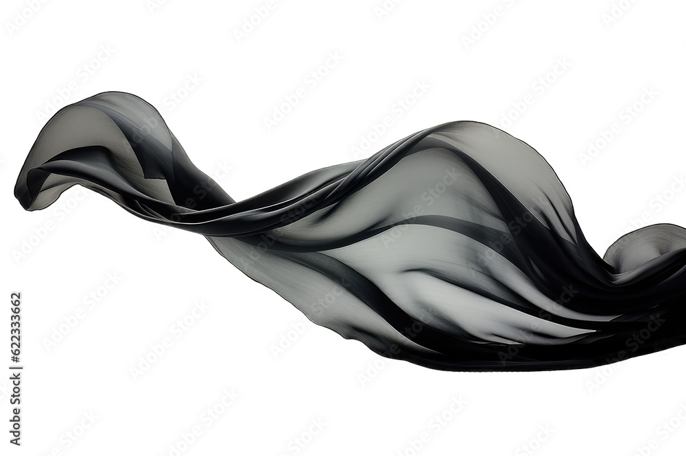 Silk scarf flying in the wind. Waving black satin cloth isolated on