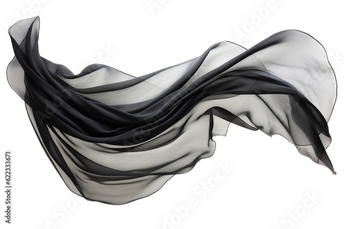 Silk scarf flying in the wind. Waving black satin cloth isolated on transparent background photo