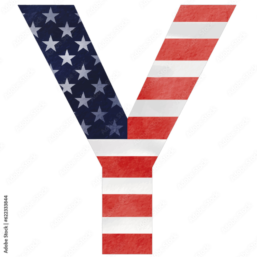 Letter Y hand painted USA alphabet text with United state of America flag inside watercolor brush paint isolate on white background. Vector illustration Letter Y hand painted USA alphabet text with United state of America flag inside watercolor brush paint isolate on white background. Vector illustration