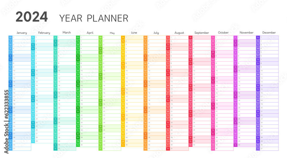 Year planner, 2024 wall calendar for monthly and daily agenda. Planner template with twelve months in rainbow colors, vector illustration Year planner, 2024 wall calendar for monthly and daily agenda. Planner template with twelve months in rainbow colors, vector illustration