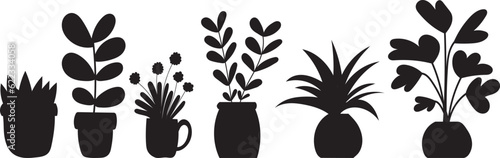 silhouette houseplants in flowerpots on white background vector