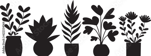 silhouette houseplants in flowerpots on white background