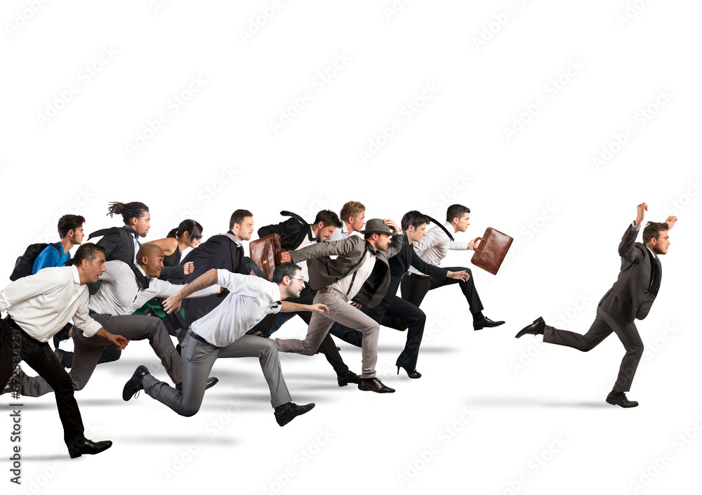 Businessman exults winning during a race with opponents Businessman exults winning during a race with opponents