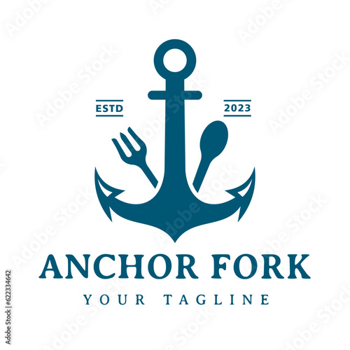 Vintage Retro Anchor Fork and spoon for Nautical Beach Food Restaurant Logo Design