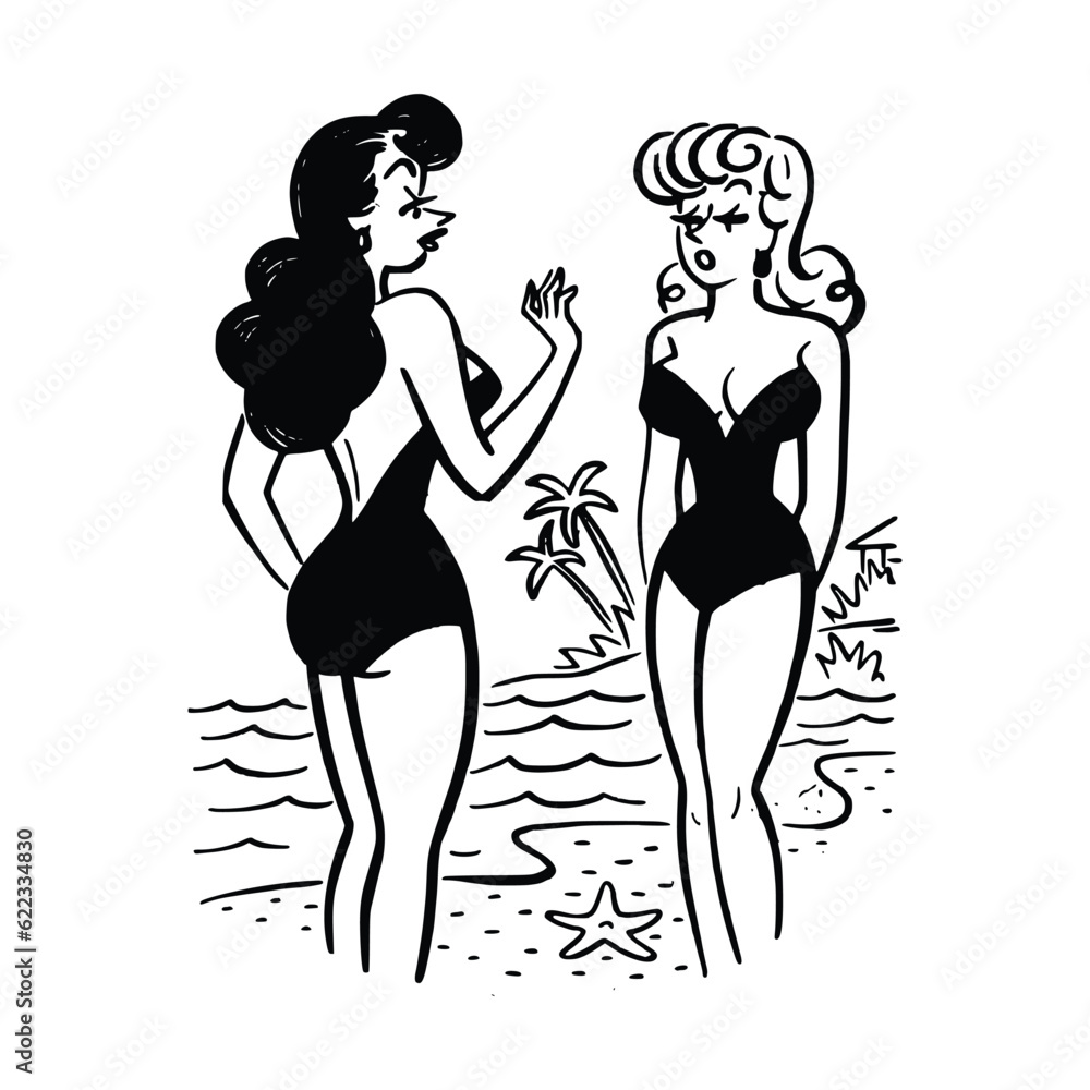 Two girls in swimsuits on the beach. Vector illustration. Black and white Two girls in swimsuits on the beach. Vector illustration. Black and white