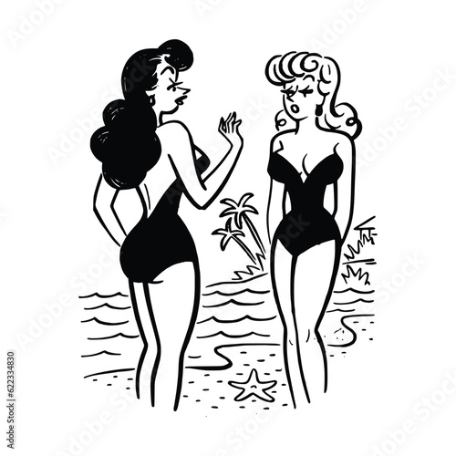 Two girls in swimsuits on the beach. Vector illustration. Black and white