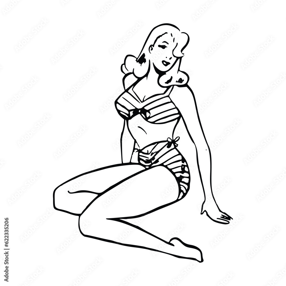 Fototapeta premium Beautiful girl in a bathing suit. Black and white vector illustration.