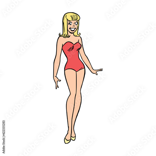 cartoon woman in swimsuit vector illustration. Comic book style imitation.