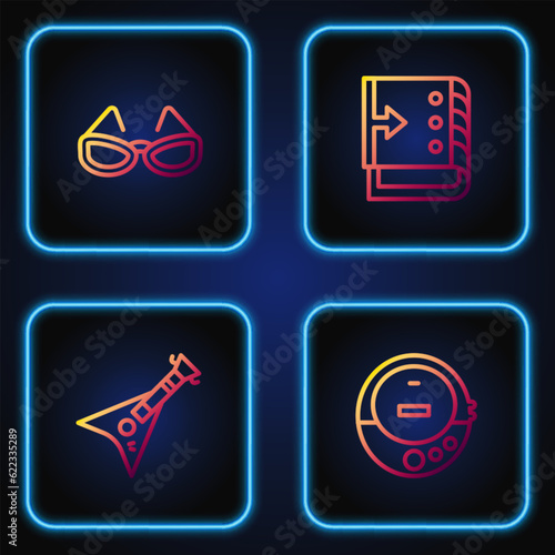 Set line Music CD player, Electric bass guitar, Glasses and Sound mixer controller. Gradient color icons. Vector
