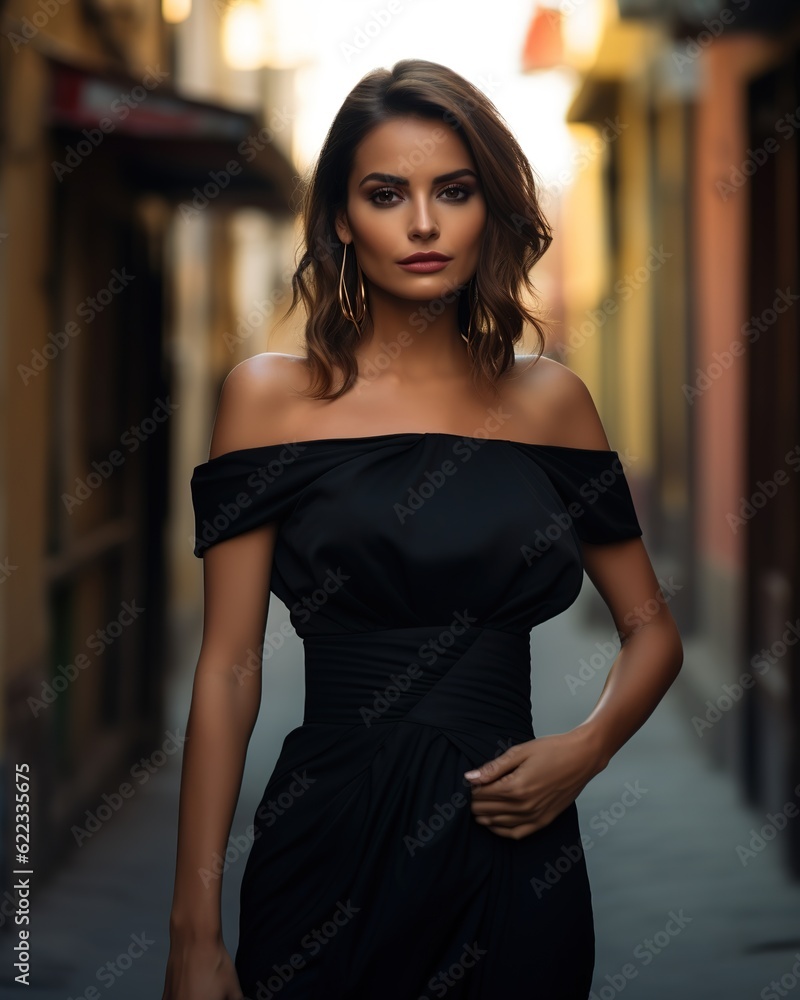 Supermodel in black dress posing on street Supermodel in black dress posing on street