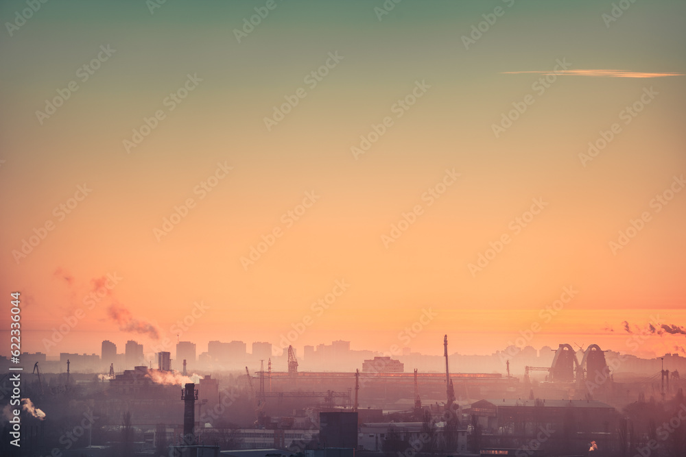 Aerial view of urbanic city sunrise  in Kiev, Ukraine