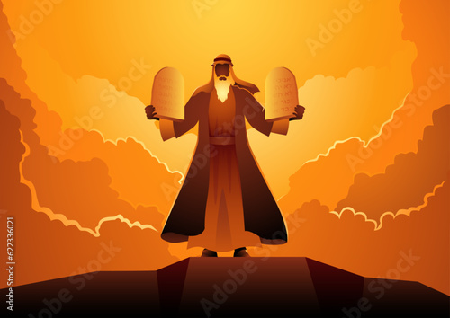 Biblical figure illustration series,  Moses and the Ten Commandments, vector illustration