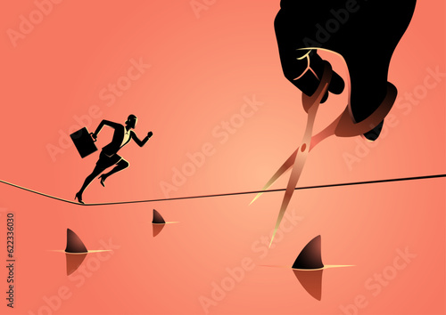 Business concept illustration of a businesswoman running on rope over a sea full with sharks, meanwhile a giant hand with scissors is cutting the rope