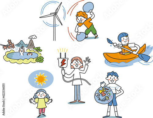 子供たちの未来と再生可能エネルギーと小学生　セット　イラスト素材
