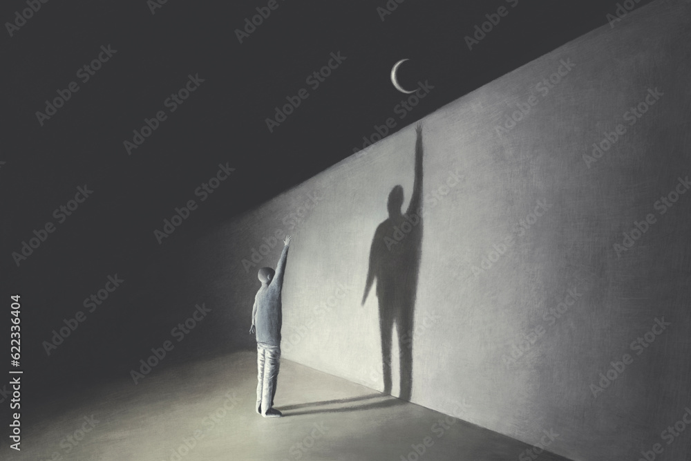 Illustration of man trying to catch the moon with his shadow, surreal dream abstract concept - obrazy, fototapety, plakaty 