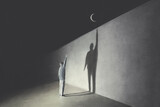 Illustration of man trying to catch the moon with his shadow, surreal dream abstract concept