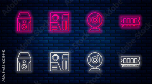 Set line Motherboard digital chip, Web camera, Uninterruptible power supply and RAM, random access memory. Glowing neon icon on brick wall. Vector