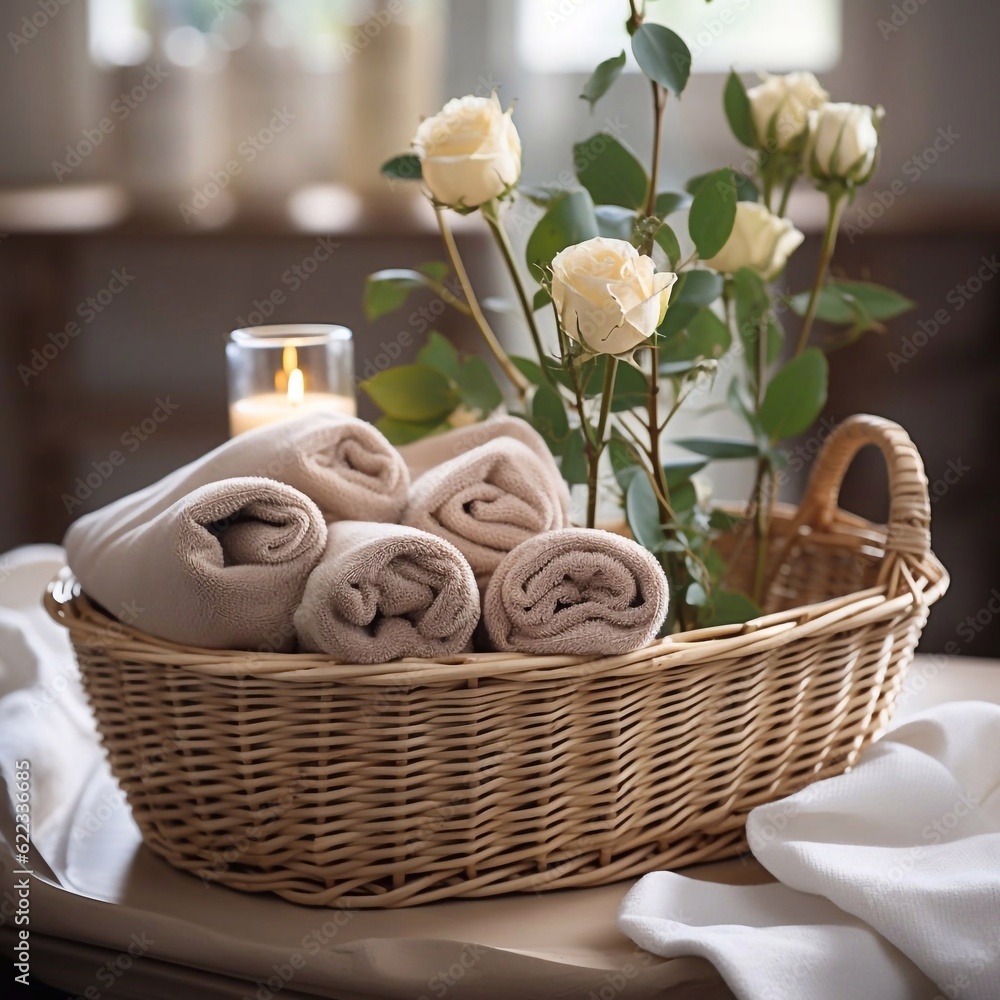 Laundry basket full of fresh clean white towles on the table. Beauty spa treatment with candles. AI generated Laundry basket full of fresh clean white towles on the table. Beauty spa treatment with candles. AI generated