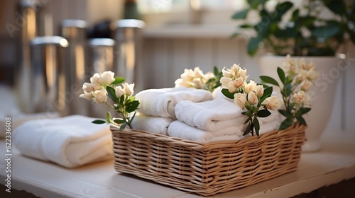 Laundry basket full of fresh clean white towles on the table. Beauty spa treatment. AI generated photo