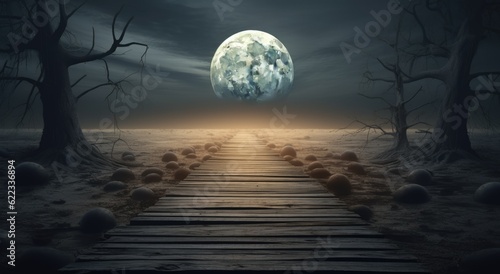 Halloween landscape with path to the full moon. 3d render