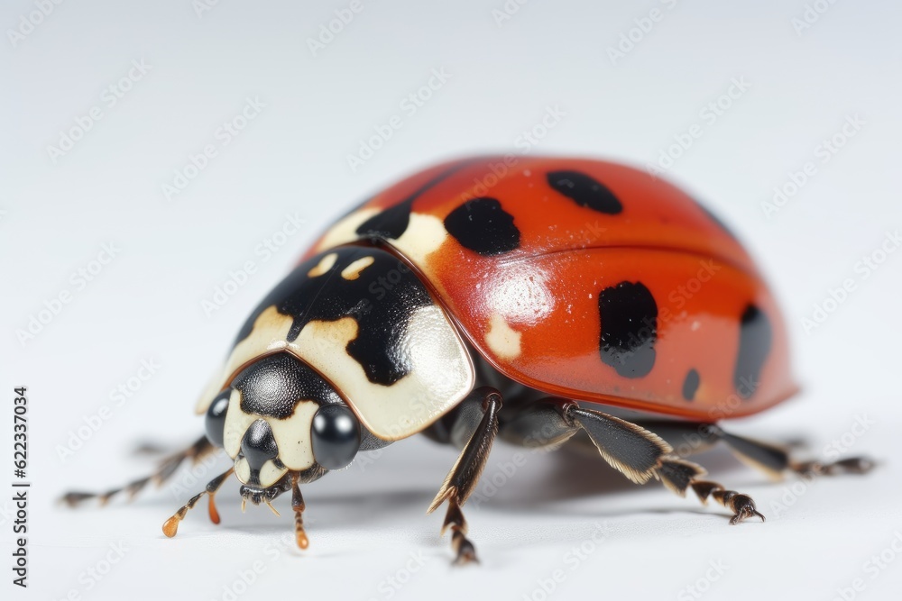 Close-up of a ladybug isolated on a white background.