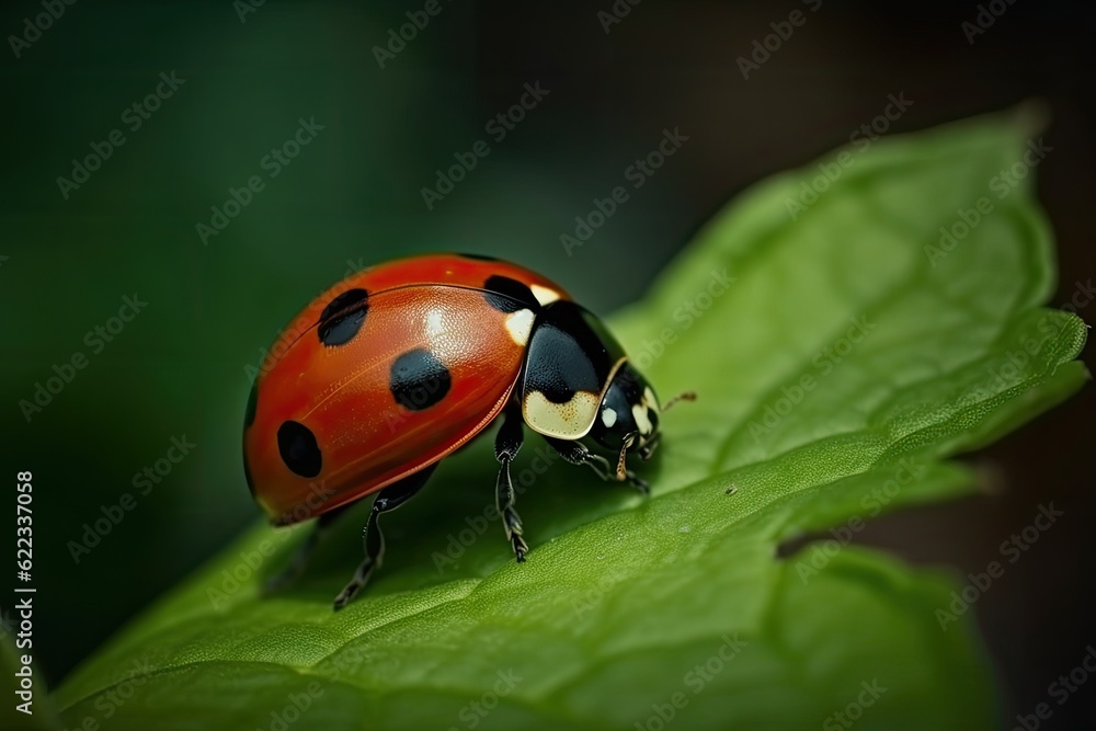 Fototapeta premium Close-up of a red ladybug on a green leaf.