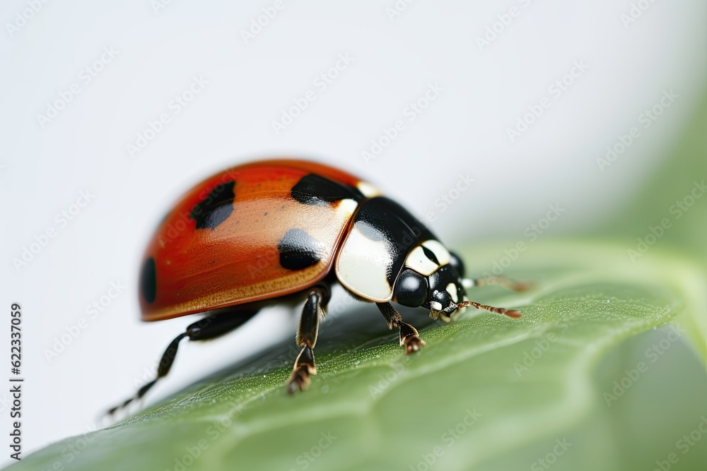 Close-up of a Red ladybug on a leaf isolated on a white background. Close-up of a Red ladybug on a leaf isolated on a white background.