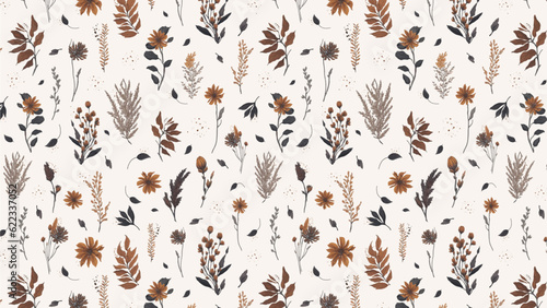 Horizontal background with seamless autumn pattern. Brown leaves, dried flowers, pampas grass. Vector